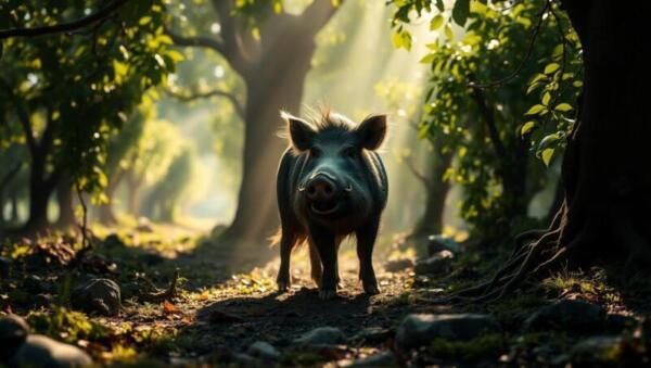 Jabalí salvaje soñador en un jardín encantado