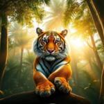 Tigre imponente en selva, sueños de cocodrilos