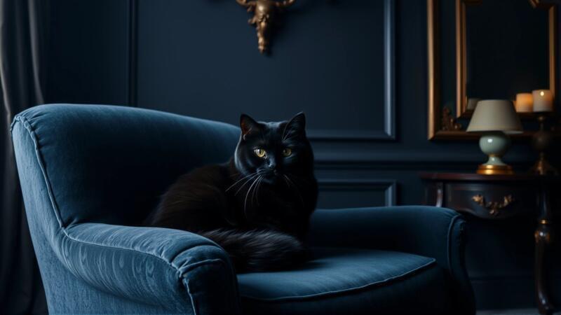 Gato negro en sueño, simbolismo opulento y misterioso