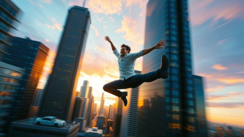 Vuelo soñado: ciudad, cielo, surrealismo, naranja