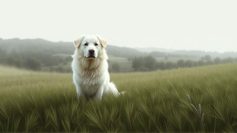 Perro tranquilo en un paisaje soñador