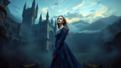 Mujer medieval soñando en castillo gótico