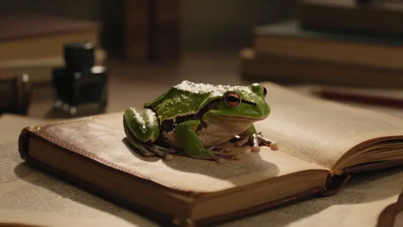 Rana verde sobre un diario de sueños antiguo, con una iluminación cálida y ambiente melancólico.