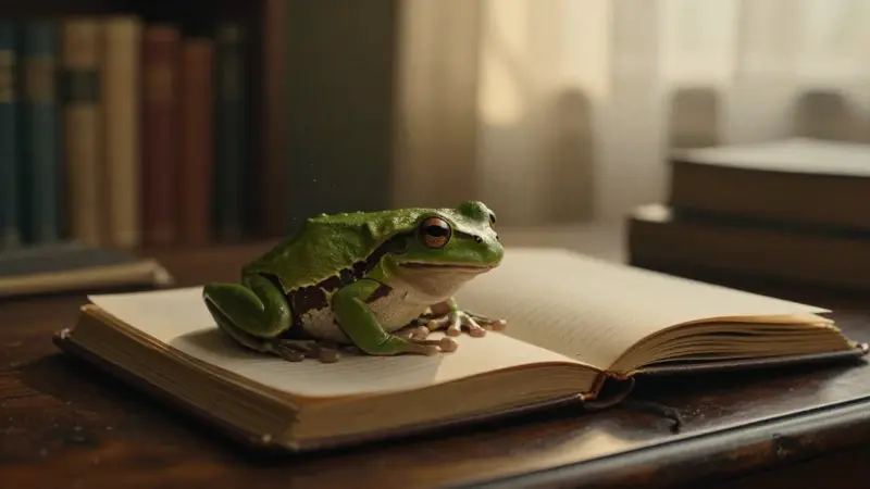 Rana verde arborícola sobre un diario de sueños de cuero abierto, en un estudio antiguo tenuemente iluminado.