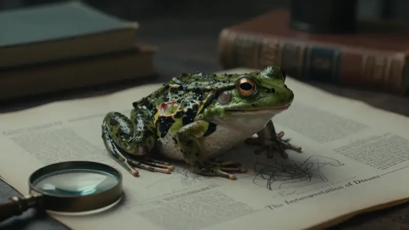 Ilustración anatómica antigua y detallada de una rana parcialmente disecada, rodeada de libros y una lupa en un estudio tenuemente iluminado. Al fondo, una página abierta del libro "La Interpretación de los Sueños" de Freud.