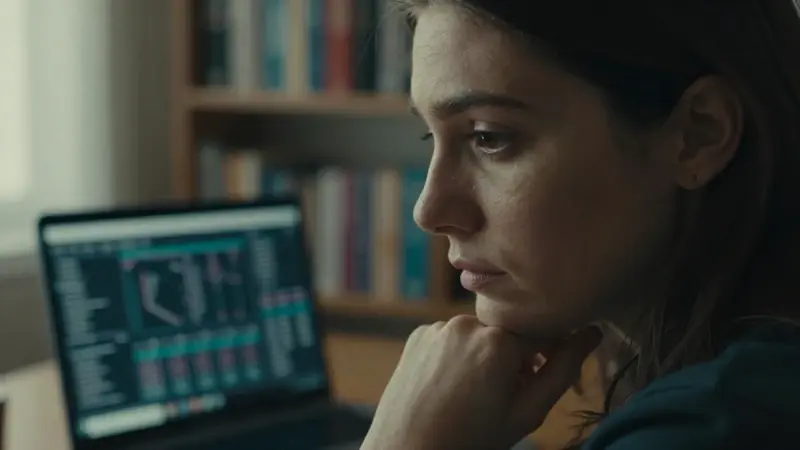 Mujer pensativa frente a una laptop con visualizaciones de datos borrosas, en un ambiente de estudio acogedor con estanterías.
