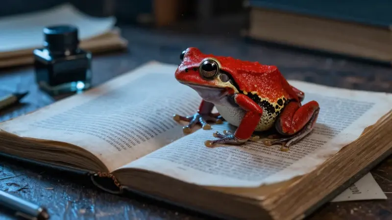 Rana roja sobre un libro de psicología abierto, en un estudio con luz tenue y notas dispersas.