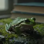 Rana verde sobre piedra cubierta de musgo, con libros antiguos desenfocados al fondo, en un ambiente de estudio tenue y contemplativo.
