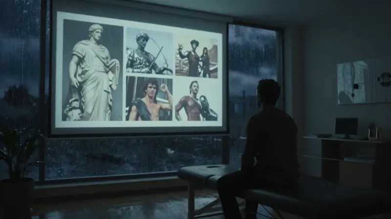 Silueta de una persona en un despacho tenuemente iluminado, observando una proyección de imágenes heroicas en medio de una noche tormentosa.