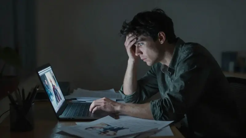 Joven profesional abrumado trabajando tarde en casa, rodeado de papeles y con imágenes heroicas fragmentadas en la pantalla del portátil, reflejando ansiedad y presión.