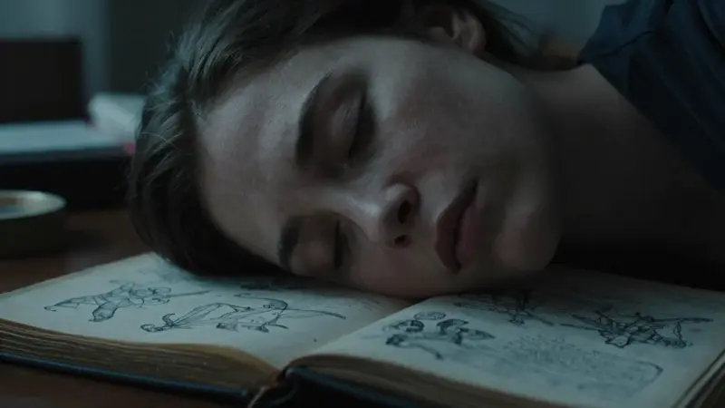 Mujer durmiendo profundamente con un diario antiguo abierto cerca de su rostro, mostrando bocetos de héroes arquetípicos en una habitación tenuemente iluminada.