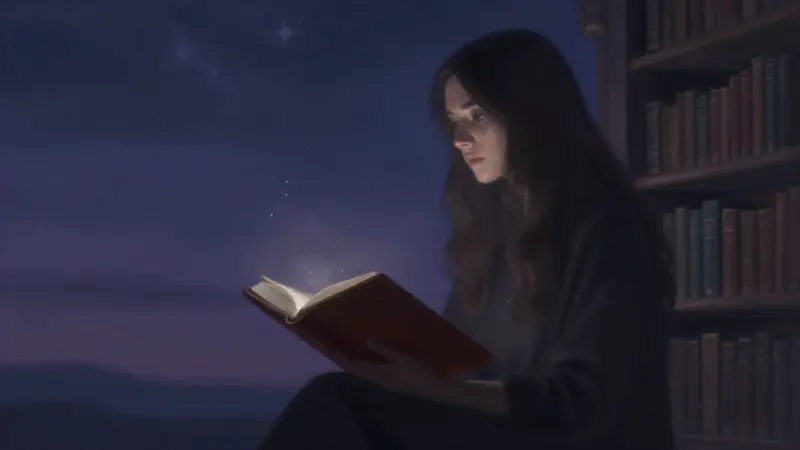 Mujer escribiendo en un diario a la luz de las estrellas, en una antigua biblioteca. La imagen evoca introspección y la búsqueda de significado en los sueños.