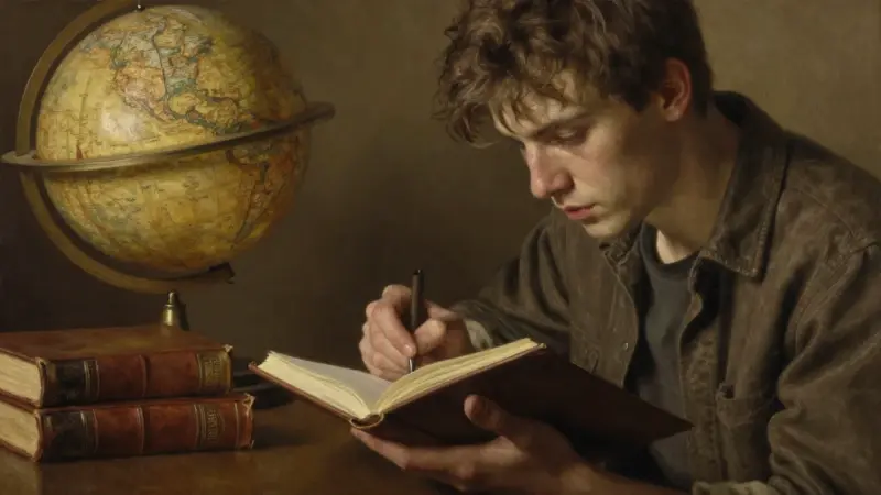 Joven analizando su diario de sueños en un estudio antiguo con libros y un globo terráqueo a la luz de una lámpara.
