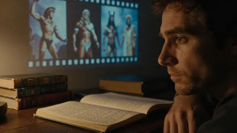Hombre pensativo observa imágenes de héroes arquetípicos proyectadas en su estudio, rodeado de libros antiguos y diarios de sueños.