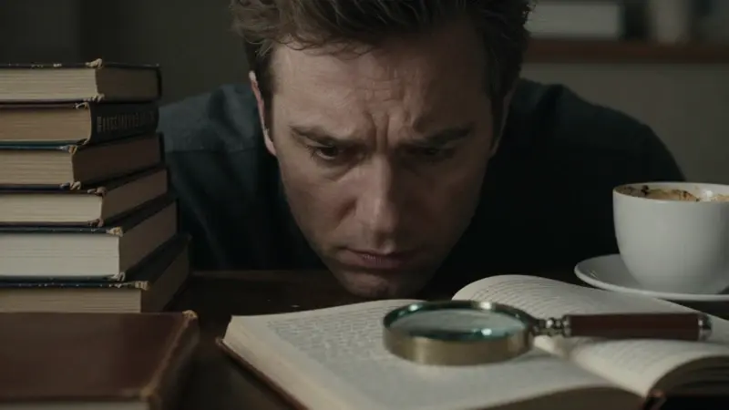 Primer plano de una frente arrugada en señal de intensa concentración, rodeada de libros de psicología y diarios de sueños en un estudio tenuemente iluminado.