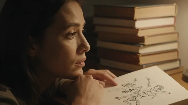 Mujer pensativa en estudio con libros antiguos, analizando bocetos de héroes en un diario abierto.