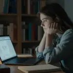 Joven mujer reflexiona sobre el análisis de un sueño en un estudio con estanterías llenas de libros, iluminado por una lámpara y una laptop.