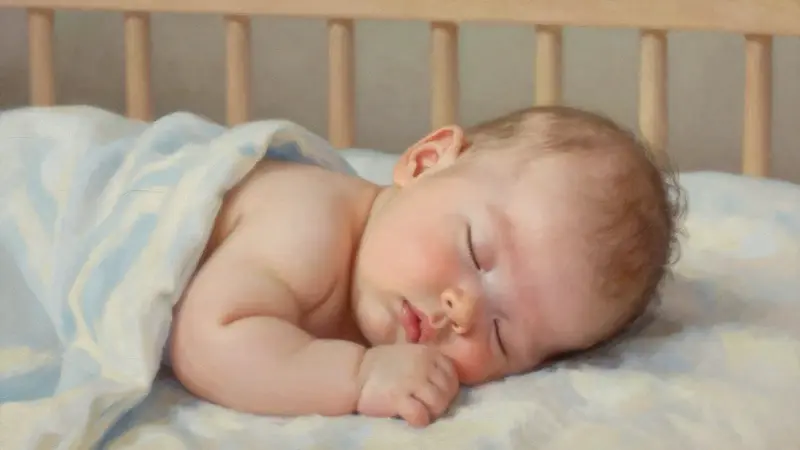 Bebé durmiendo de lado sobre sábanas de algodón en una cuna de madera, atmósfera serena y cálida.