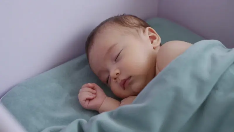 Bebé durmiendo en posición fetal sobre una manta azul verdosa en un dormitorio moderno de tonos lavanda.