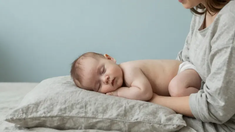 Madre sosteniendo a su bebé dormido en posición fetal, sobre ropa de cama de lino en una guardería de tonos neutros.