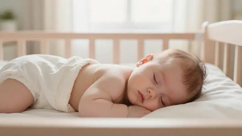 Bebé durmiendo de lado en una cuna de madera con sábanas de algodón orgánico, en un ambiente cálido y suavemente iluminado.