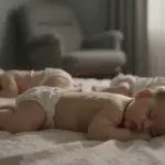 Bebé durmiendo en diferentes posturas en un cuarto infantil tenue y cálido, con ropa de cama de algodón y una mecedora borrosa al fondo.