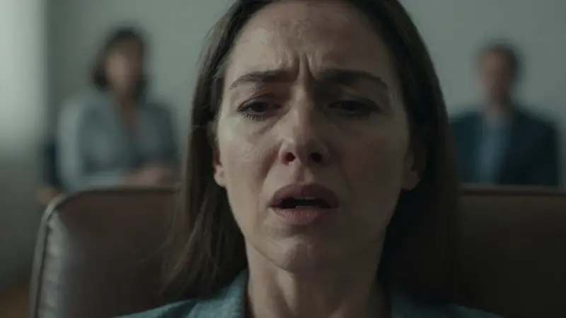 Mujer con expresión angustiada, intentando gritar en silencio en un consultorio de terapia tenuemente iluminado.