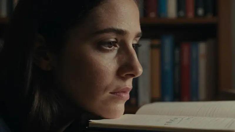 Mujer pensativa en un estudio, rodeada de libros de psicología, con una expresión introspectiva y melancólica.