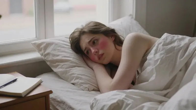 Joven mujer despierta en la cama, con expresión avergonzada y pensativa, en un dormitorio con luz tenue y ambiente cálido.