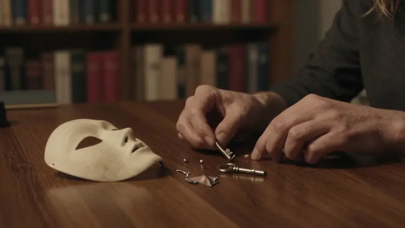 Manos femeninas disponen objetos simbólicos –una máscara, un fragmento de espejo y una llave en miniatura– sobre un escritorio de madera oscura en un estudio tenuemente iluminado, con estanterías llenas de libros al fondo.