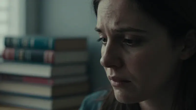 Mujer con expresión preocupada y ligeramente avergonzada, en un ambiente de estudio con libros de psicología difuminados al fondo.