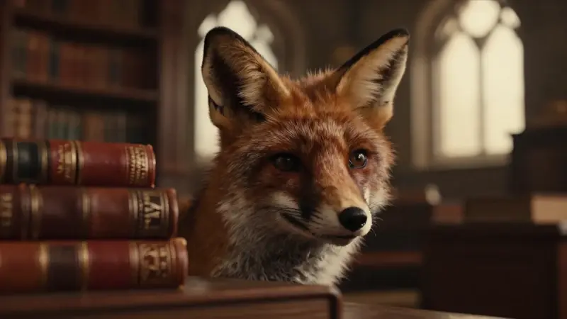 Cabeza de zorro realista, parcialmente en sombra, con una biblioteca antigua de fondo llena de libros encuadernados en cuero y luz dorada filtrándose por ventanas arqueadas.