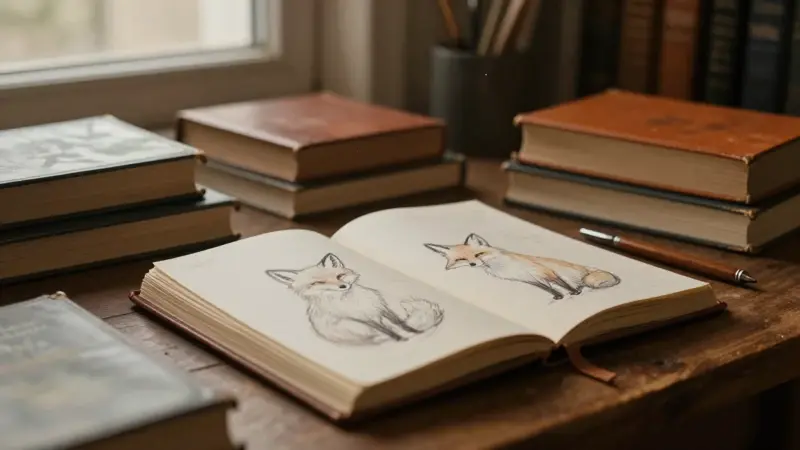 Estudio con cuaderno abierto y bocetos de zorros, rodeado de libros de psicología en tonos cálidos y terrosos.