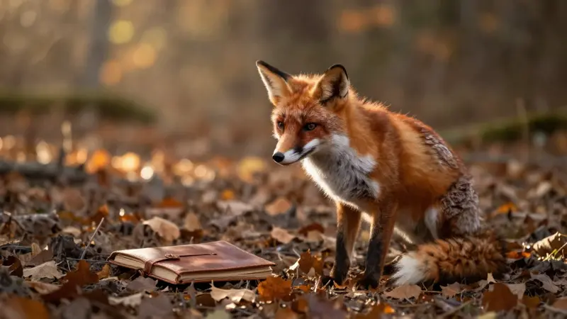 Zorro rojo contemplativo en un bosque otoñal con un diario de sueños abierto cerca.