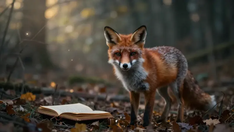 Zorro rojo mirando fijamente en un claro de bosque iluminado por el sol, con un diario antiguo abierto a su lado y hojas otoñales esparcidas.