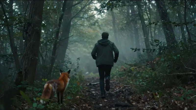 Figura solitaria corriendo a través de un bosque denso y brumoso, observada por un zorro rojo entre las sombras. Ambiente de ansiedad y suspense, con luz solar filtrándose entre los árboles.