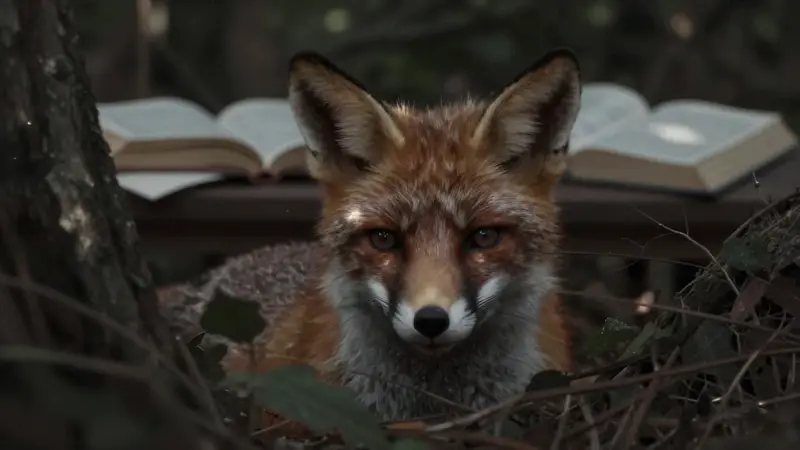 Primer plano de un zorro parcialmente oculto entre la vegetación, con un fondo borroso de una habitación de estudio con libros y notas.