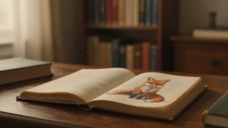 Estudio cálido con un libro abierto mostrando la ilustración de un zorro rojo.