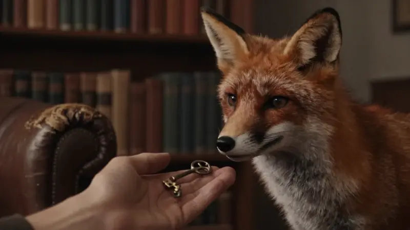 Zorro rojo mirando fijamente una mano que le ofrece una llave antigua en un estudio con estanterías y un ambiente melancólico.