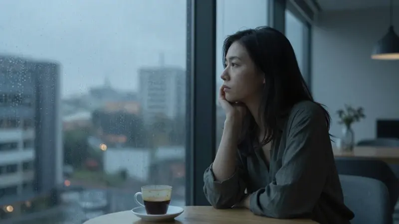 Mujer joven mirando pensativamente por una ventana con lluvia, en un interior moderno y minimalista.