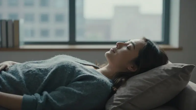 Mujer joven tumbada en un diván de terapia, con los ojos cerrados y expresión serena, en un consultorio con vistas a la ciudad.