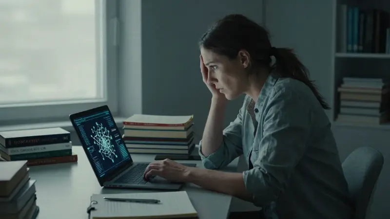 Mujer concentrada frente a su laptop en un escritorio lleno de libros y diarios de sueños, analizando visualizaciones de redes neuronales, posiblemente investigando el significado de soñar con volar.