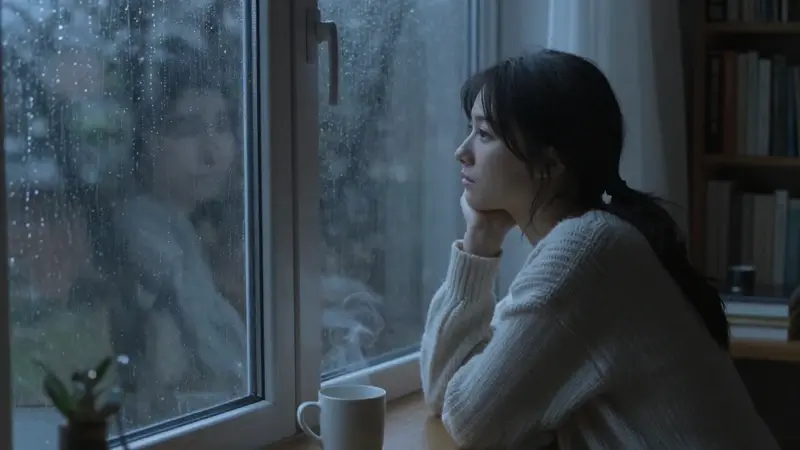 Joven mujer mirando pensativamente por una ventana con lluvia, en un estudio con estanterías y luz tenue.