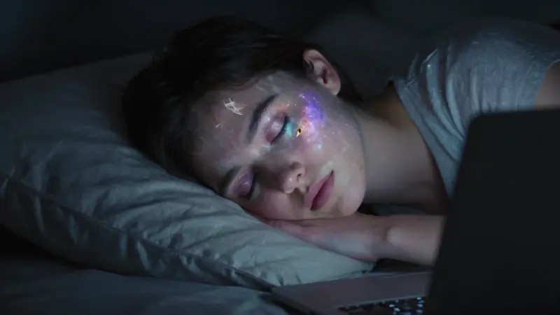 Joven durmiendo con la luz tenue de una laptop en su rostro, mientras en sus párpados cerrados se refleja un complejo paisaje onírico con nebulosas y fragmentos arquitectónicos.