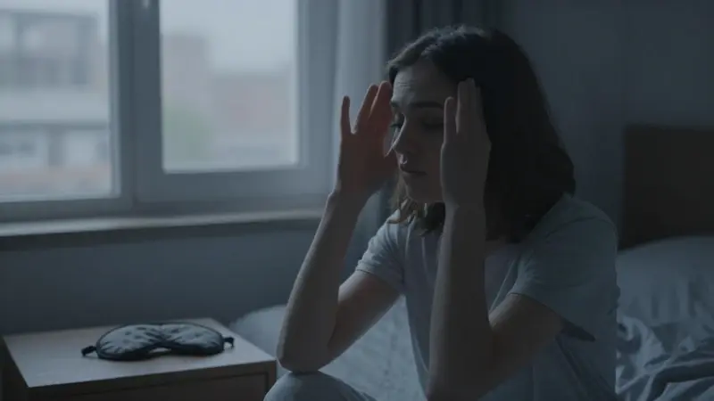 Joven practicando pruebas de realidad en un dormitorio tenue, con una ciudad borrosa visible a través de la ventana.