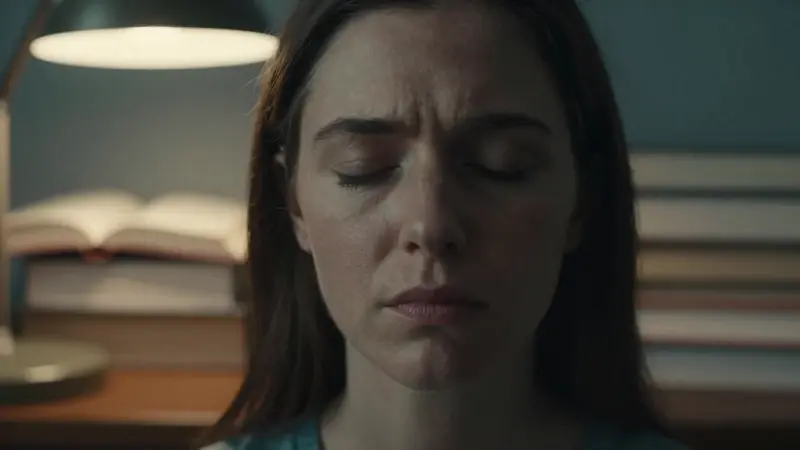 Mujer con los ojos cerrados y expresión pensativa, rodeada de libros sobre análisis de sueños en un estudio tenuemente iluminado.