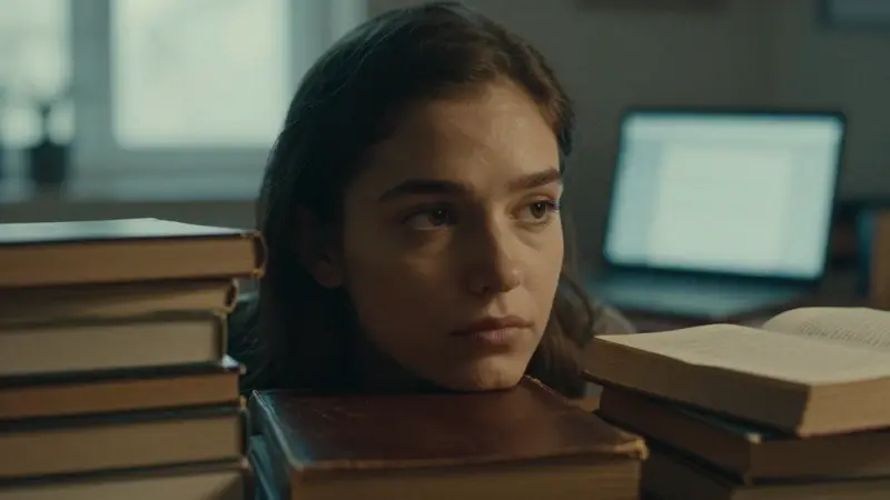 Joven mujer pensativa rodeada de libros sobre análisis de sueños y sueños lúcidos en un ambiente de estudio tenue y cálido.