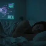 Joven durmiendo en un dormitorio tenuemente iluminado, con proyecciones de patrones neurográficos en la pared, evocando la experiencia de los sueños lúcidos.