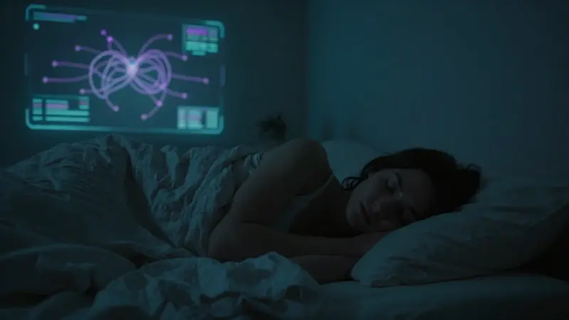 Joven durmiendo en un dormitorio tenuemente iluminado, con proyecciones de patrones neurográficos en la pared, evocando la experiencia de los sueños lúcidos.
