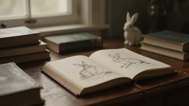 Estudio antiguo con un diario abierto mostrando bocetos de conejos, libros de análisis de sueños y una figurita de conejo blanco.